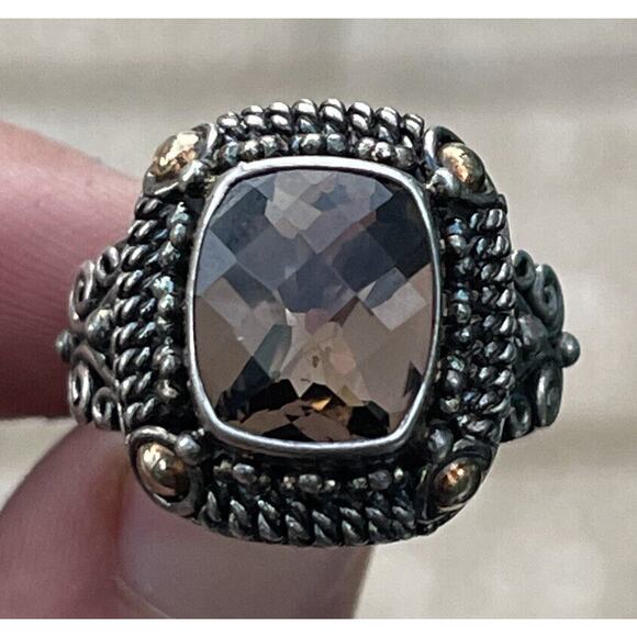 Vintage 18k Yellow Gold Sterling Silver Ring 925 Size 9 Smokey Quartz Bali BA - Picture 10 of 12